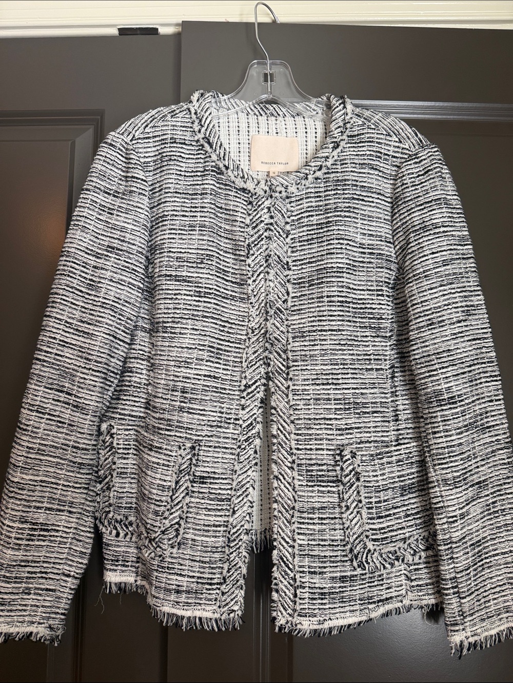 Rebecca Taylor Black and White Fringe Tweed Open-Front Jacket